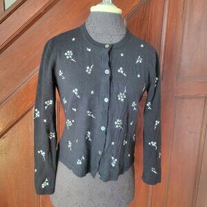Ann Taylor Black Floral Embroidered Button-Front Cardigan Sweater Small 100% Ita
